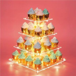 4 Tier Clear Acrylic Cupcake Stand with Gold LED String Lights, Square Tower